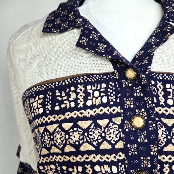 Vintage JSJ Petites Navy White Woven Tapestry Navajo Aztec Crop Length Shirt USA - Picture 2 of 9